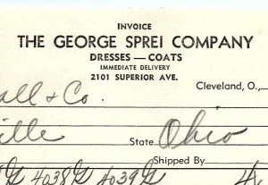 1938 THE GEORGE SPREI COMPANY CLEVELAND OH DRESSES COATS BILLHEAD INVOICE Z3522