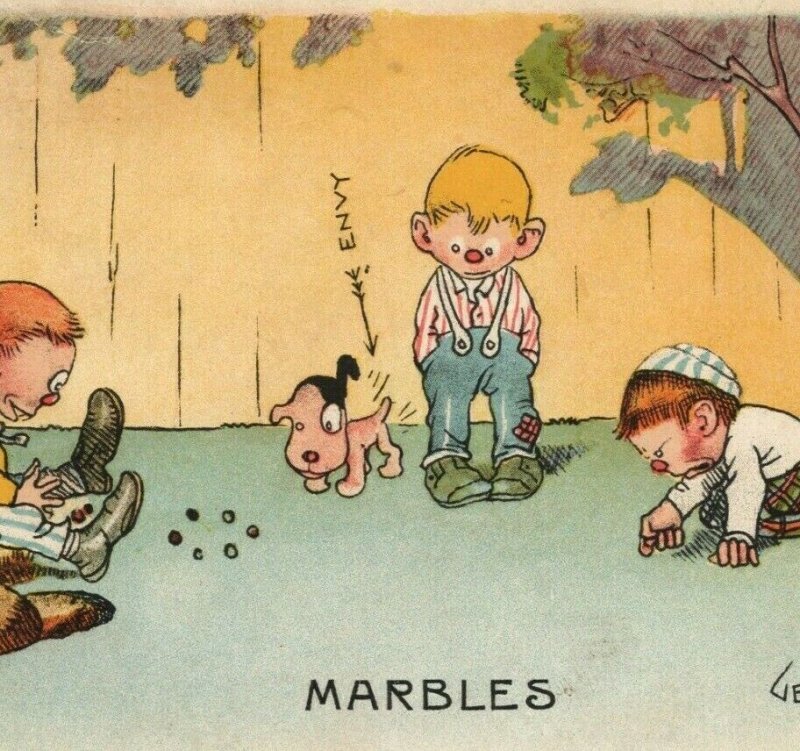 1910s Gene Carr Marbles Envy Boys Dog Comic Humor Cartoon Postcard