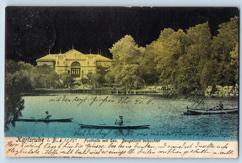 Karlsruhe Germany Postcard Festival Hall With Lake Bengal Illuminated 1905