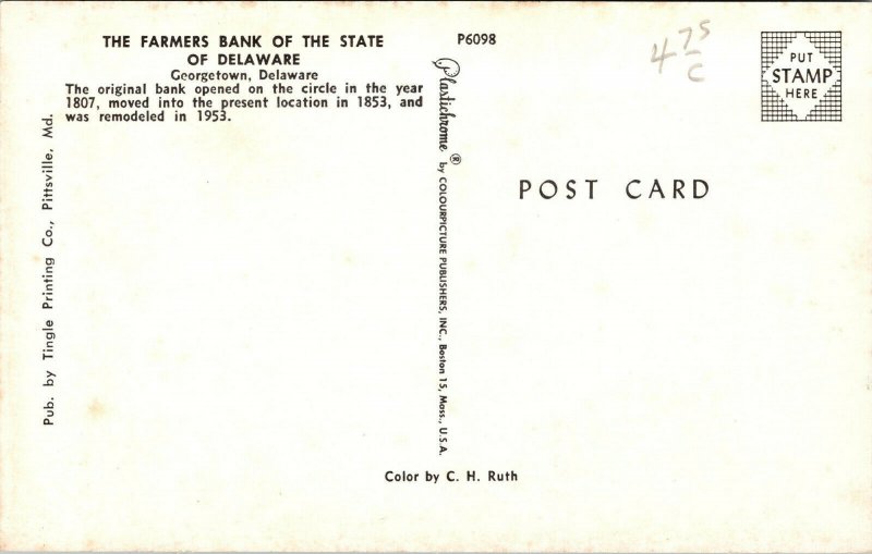 Vtg 1960s Farmers Bank of the State of Delaware Georgetown DE Unused Postcard