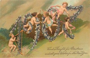 1907 Large Letters Cupids Year Glitter Postcard 10732