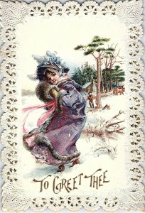 1880's Die-Cut Lace Frame Lovely Lady Winter Scene Victorian Trade Card P119