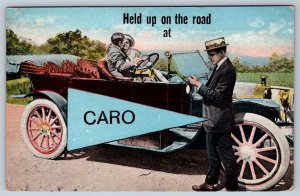 Held Up On The Road At Caro Michigan, Pennant, Flag, Auto, Antique 1918 Postcard