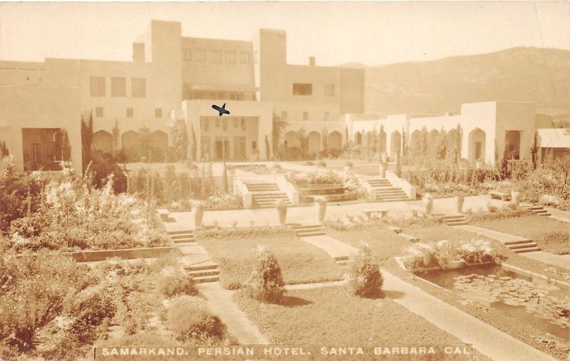 Santa Barbara California~Samarkand Persian Hotel~Gardens/Pond in Front~1928 RPPC