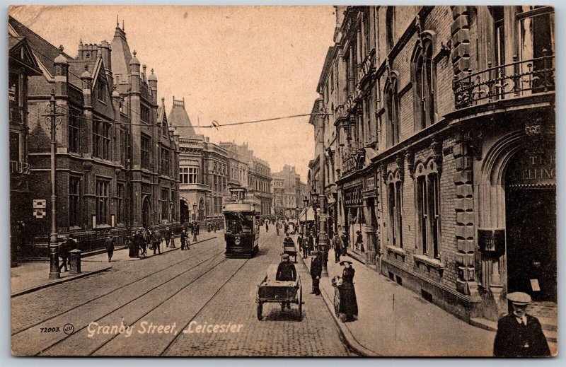 Vtg Leicester England Grandby Street View Streetcar UK 1910s Postcard