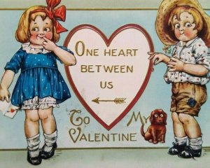 Valentines Day Postcard Farmer Boy Girl Puppy Dog Doxie Embossed Lynn Mass 1915