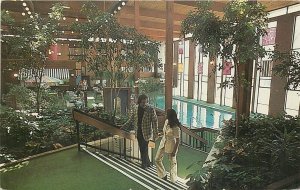 Plymouth Michigan~Hilton Inn~Atrium~Man With Plaid Suit Coat 1960s Postcard