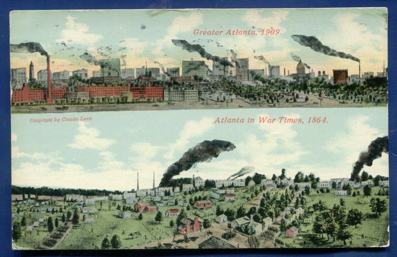 Atlanta Georgia ga before after 1864 and 1909 two views 1911 old postcard