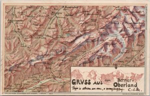 Switzerland Map Gruss Aus Berner Oberland Topography Postcard H5