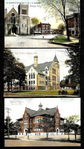 D43 Vintage Kenosha, Wis. (3) pcs. High School, Weiskopf School, Church & YMCA