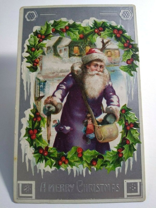 Victorian Purple Blue Coat Santa Claus Christmas Postcard Antique Embossed  