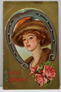 Congratulations Victorian Woman High Lace Collar Embossed Golden Postcard G11