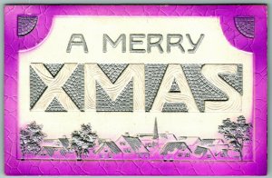 Christmas XMas Large Letter Greetings Airbrush High Relief Embossed Postcard I10