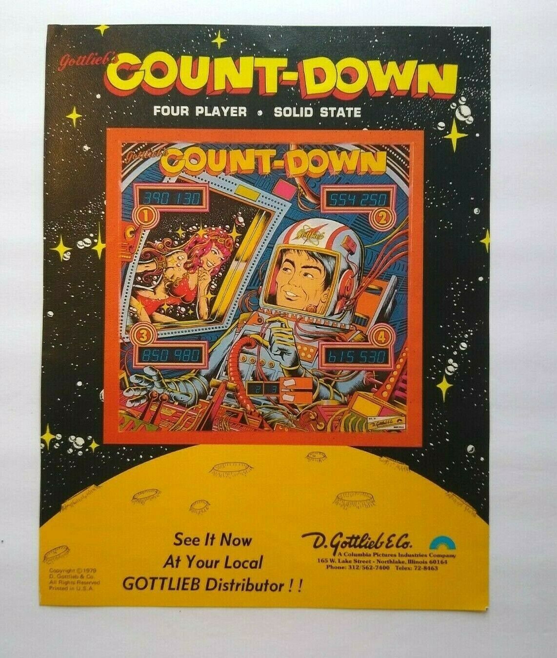 Count Down Gottlieb Pinball Machine FLYER Space Age Sci-Fi Original Art ...