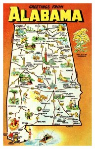 Postcard State Map - Alabama greetings state flower