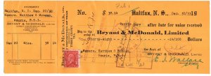 1933 Bryant McDonald, Teas, Cheque w Postage Stamp, Halifax, Check with Tab