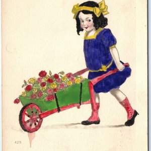 c1910s Many Happy Returns Cute Hand Colored Girl w/ Barrel Flowers Postcard A67