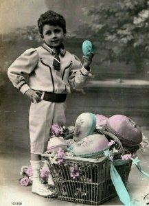 c1910 Easter Boy Holding Egg Basket Germany RPPC Photo Antique Postcard 