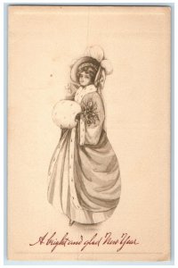 c1910's New Year Woman Dress Handwarmer Feather Hat Portland OR Posted Postcard