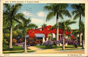 Pretty Bungalow Tropical Florida FL Linen Postcard St Petersburg Cancel 1939 PM 