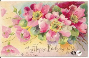 Fuchsia Pink Country Roses in Watercolor Happy Birthday to You Vintage Postcard