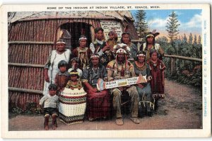INDIAN VILLAGE St. Ignace, MI 1931 Chippewas Native Americana Vintage Postcard