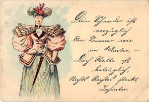 Greetings Woman in Pink and green Antique Postcard J54543 