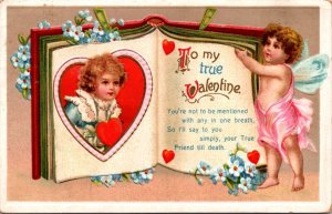 Postcard Cherub Turning Pages of Book To My True Valentine Hearts Forget Me Not