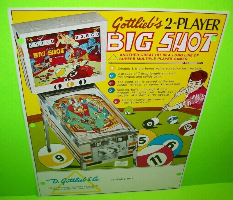 Gottlieb Big Shot Pinball Flyer Original 1974 Flipper Game Artwork ...