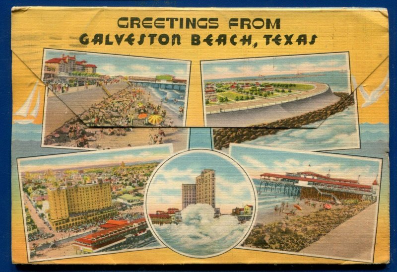 Galveston Beach Texas tx Pleasure Pier Bolivar Ferry postcard folder