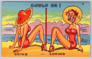 Bathing Beauty Beach Scene Humor, Could Be Going Coming, Comic Linen Postcard