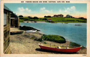 Postcard MA Chatham Cape Cod Fishing Shacks & River Fishing Boats LINEN 1944 S18