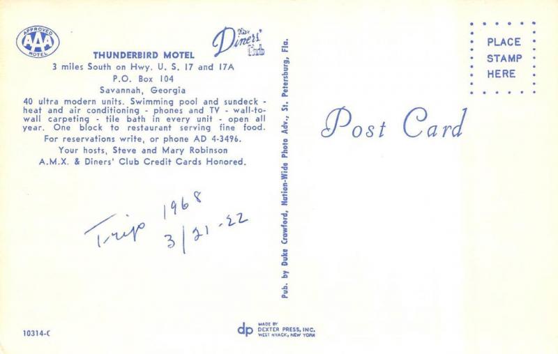 SAVANNAH, GA Georgia  THUNDERBIRD MOTEL~Multi w/Pool  ROADSIDE  1968 Postcard