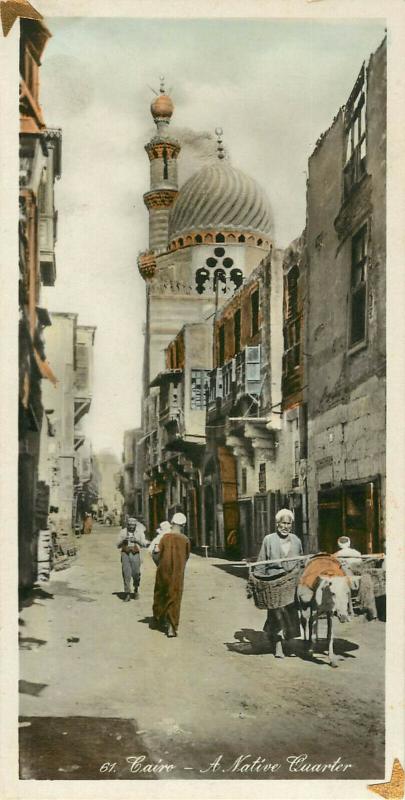 Hand-Colored 3x6 RPPC Postcard Native Quarter Cairo Egypt people & Skinny Cow