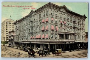 Houston Texas Postcard Rice Hotel And Chronicle Building Carriages 1910 Antique