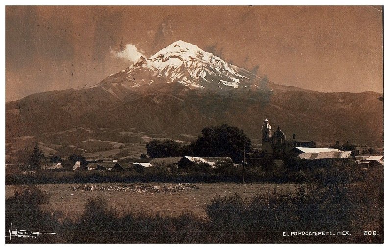 Postcard RPPC Popocatepetl Mexico Volcano Snow Capped with Town Artist Signed
