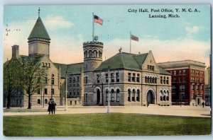 1912 City Hall Post Office YMCA Building Tower US Flag Lansing Michigan Postcard