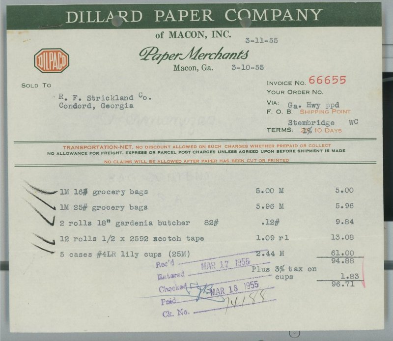 1955 Dillard Paper Company Macon GA Paper Merchants R.F. Strickland Invoice 264 