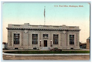 c1950 US Post Office Rotunda Lamp Landscape Bicycle Flag Muskegon MI Postcard 