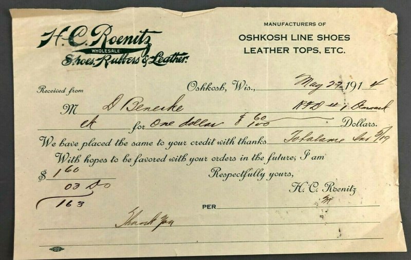 1914 HC Roenitz Shoes Rubbers Leather Oshkosh WI Receipt Invoice Bill Denmark