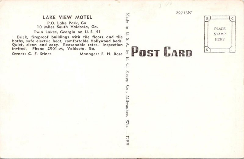 Valdosta, GA Georgia LAKE VIEW MOTEL~CF Stines/EH Rose ROADSIDE ca1950s Postcard