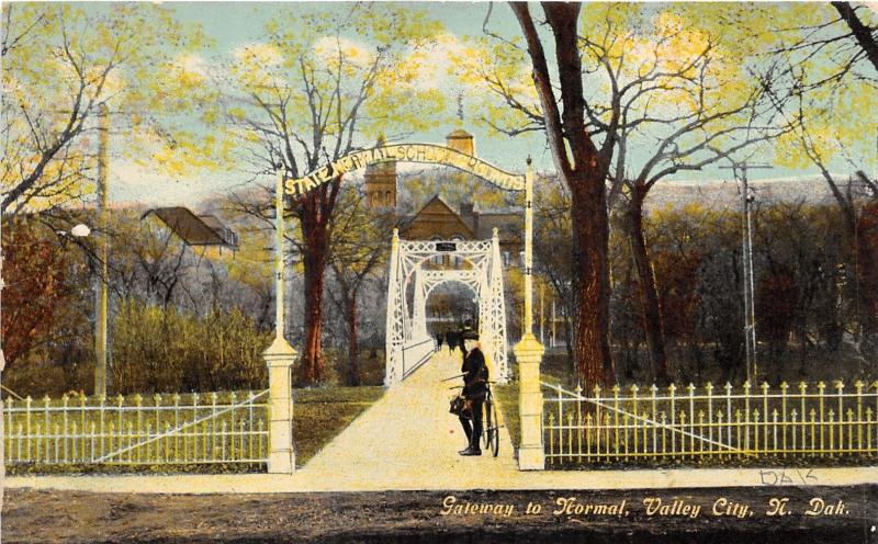 Valley City North Dakota~State Normal School Grounds Gate~Boy on Bicycle~1912 Pc