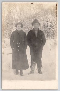 RPPC Snow Day Photo Young Man And Woman Winter Scene Postcard Q22