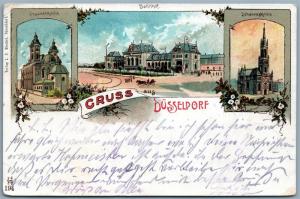 GRUSS AUS DUSSELDORF GERMANY 1899 BAHNHOF ANTIQUE POSTCARD w/ STAMP