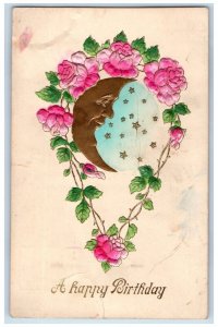 c1910's Happy Birthday Anthropomorphic Crescent Moon Flowers Embossed Postcard 