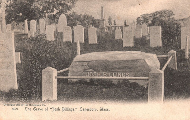 Vintage Postcard 1905 The Grave of Josh Billings Lanesboro Massachusetts MA