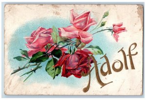 New London Iowa IA Postcard Adolf Name Roses Flowers Embossed c1910's Antique