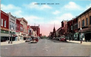 Postcard MI Holland Street Scene Drug Store Classic Cars Street View 1940s S87