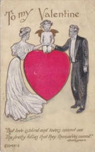 Valentine's Day With Cupid Sitting On Large Red Heart & Bride and Groom ...