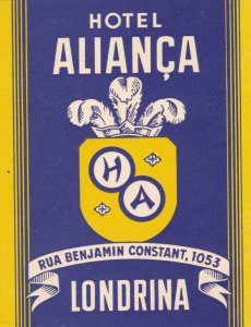 Brasil Londrina Hotel Alianca Vintage Luggage Label sk2678